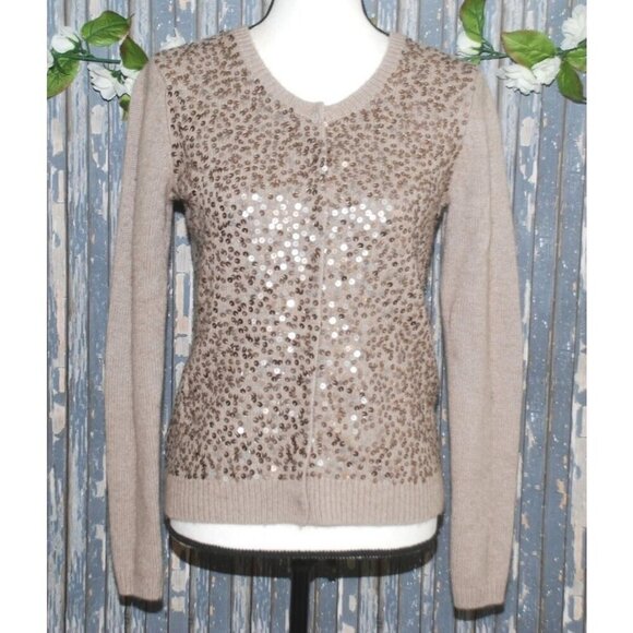 Ann Taylor Ladies Brown Snap Button Front Sequin Sweater Size M Stretch Career - Picture 1 of 9